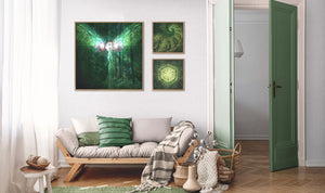 Void Visuals framed canvas prints - Living room with a sofa, green cushions, and framed artwork on a white wall.